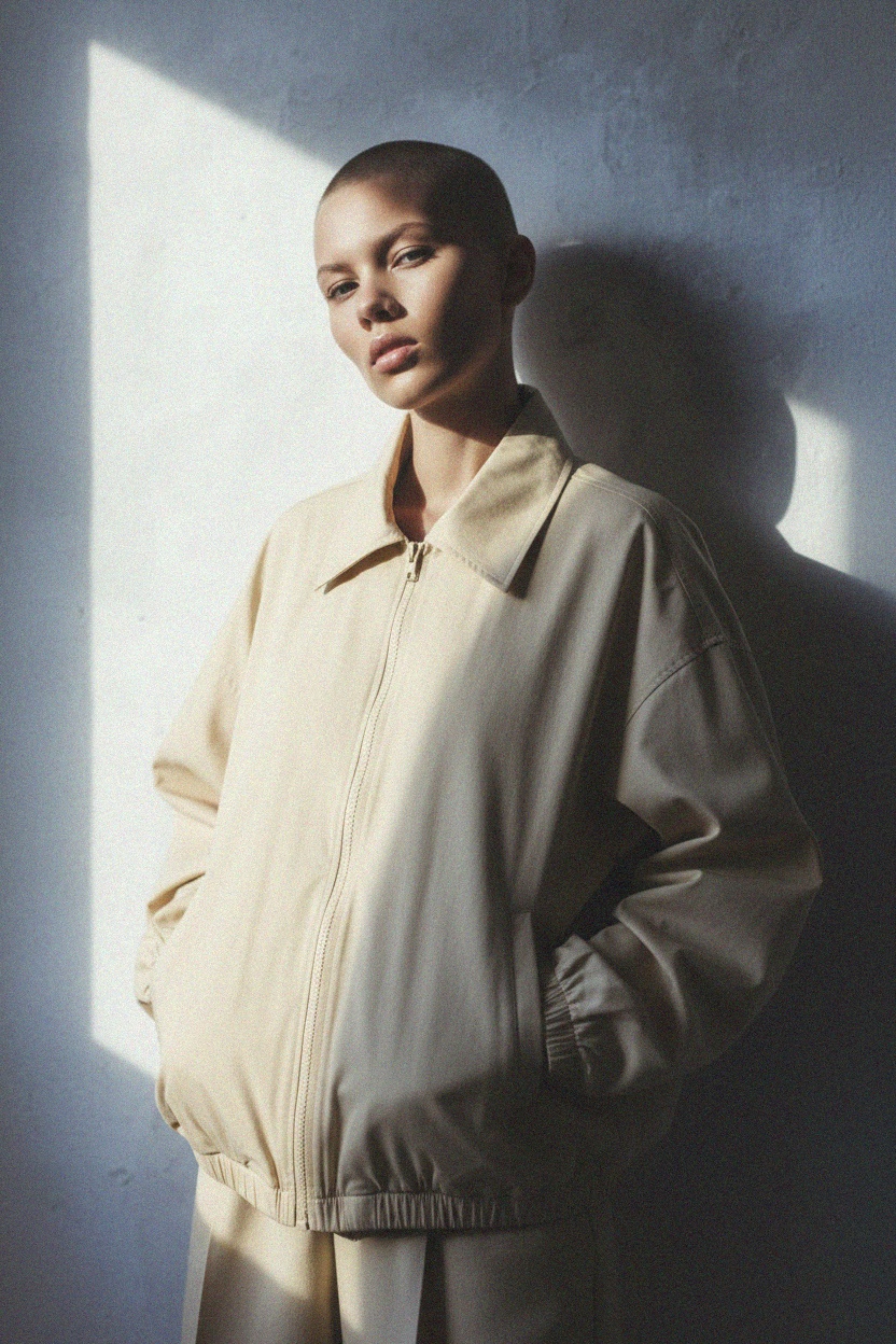 Oversized Beige Zip-Up Bomber Jacket photo 3