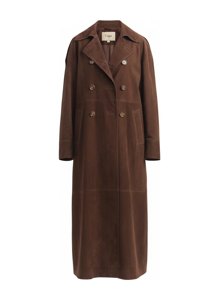 Brown Suede-Look Double-Breasted Long Coat photo 1