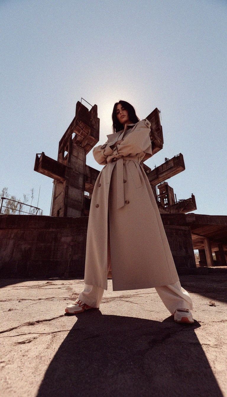 Classic Long Beige Trench Coat with Tie Belt photo 2