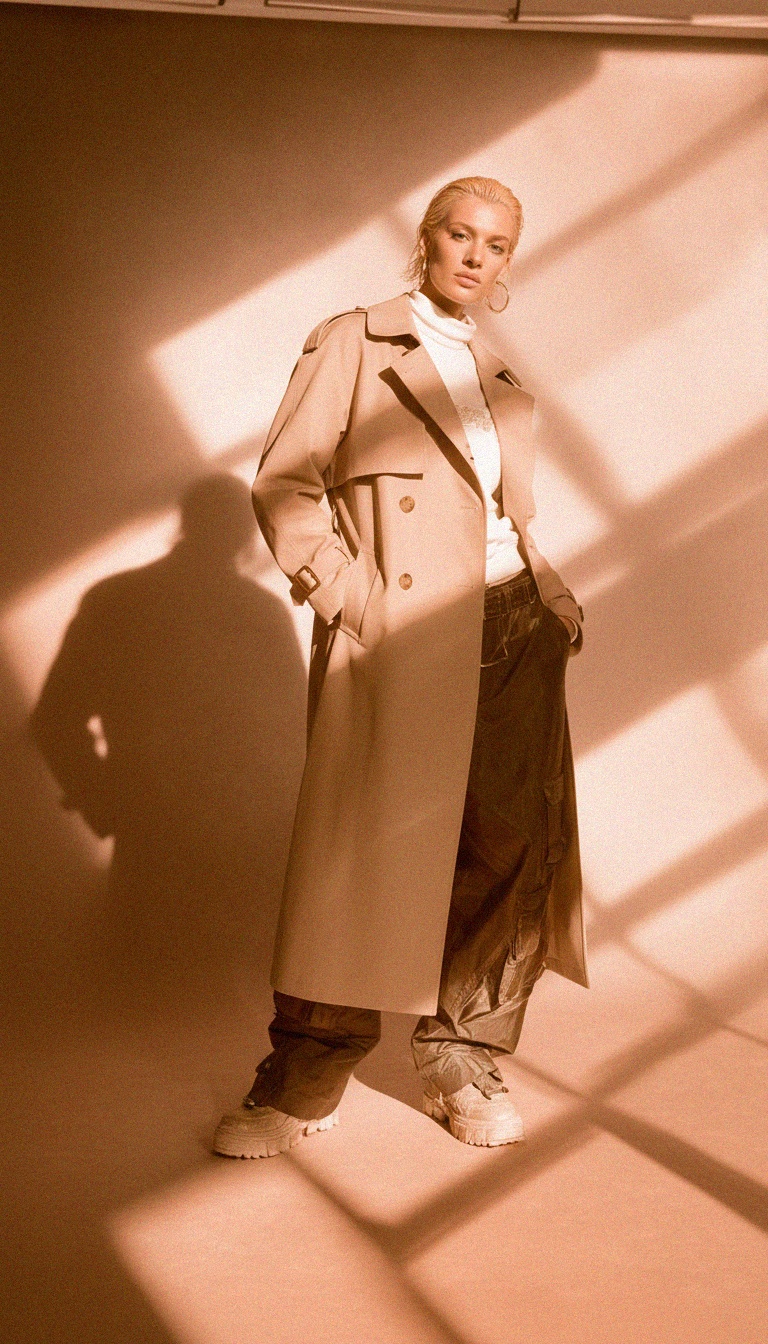 Classic Long Beige Trench Coat with Tie Belt photo 3