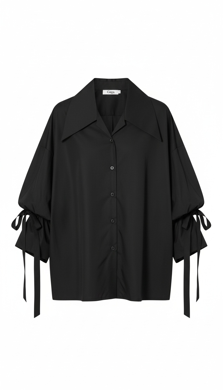 Oversized Black Tie-Sleeve Button-Down Shirt photo 1