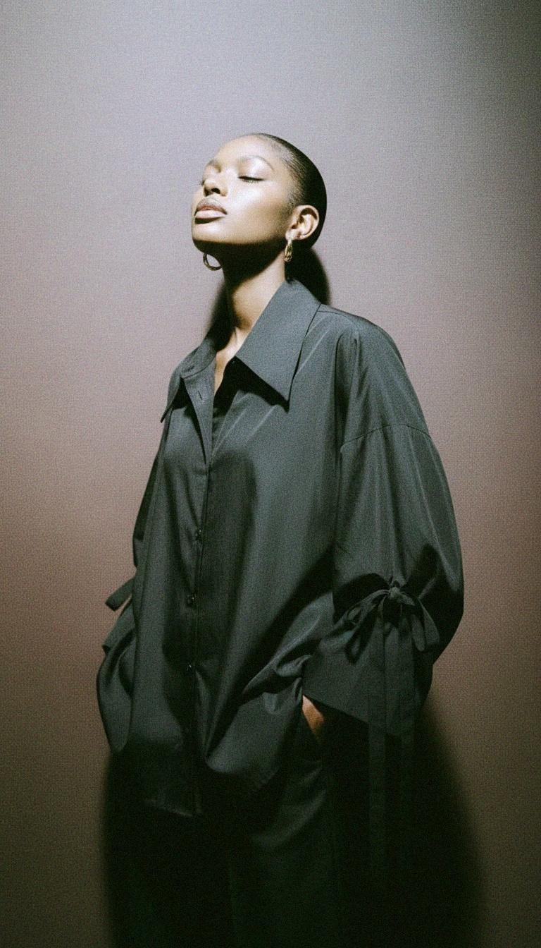 Oversized Black Tie-Sleeve Button-Down Shirt photo 2