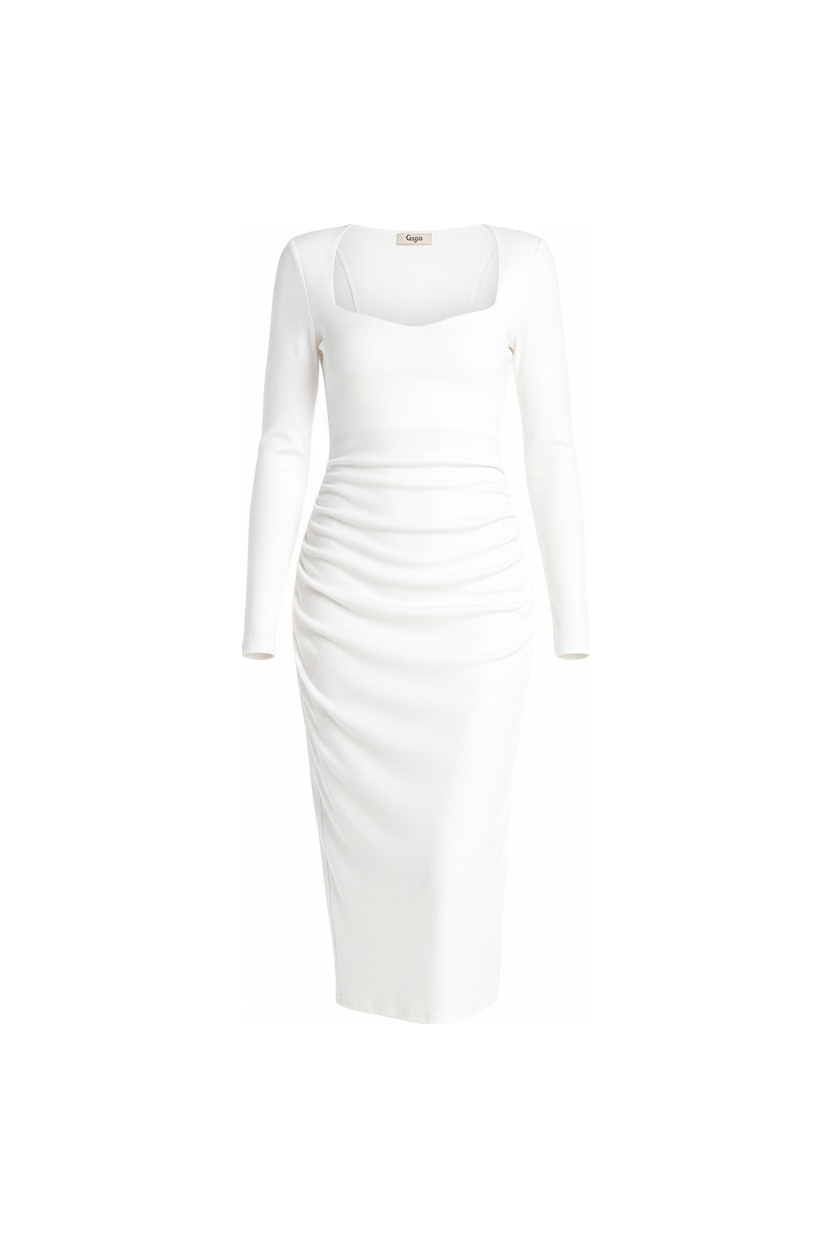 White Ribbed Long Sleeve Square Neck Midi Dress photo 1