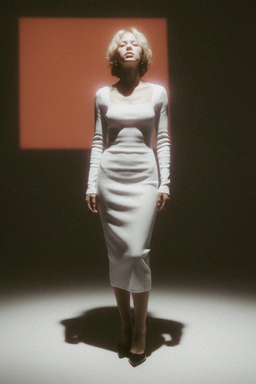 White Ribbed Long Sleeve Square Neck Midi Dress photo 2