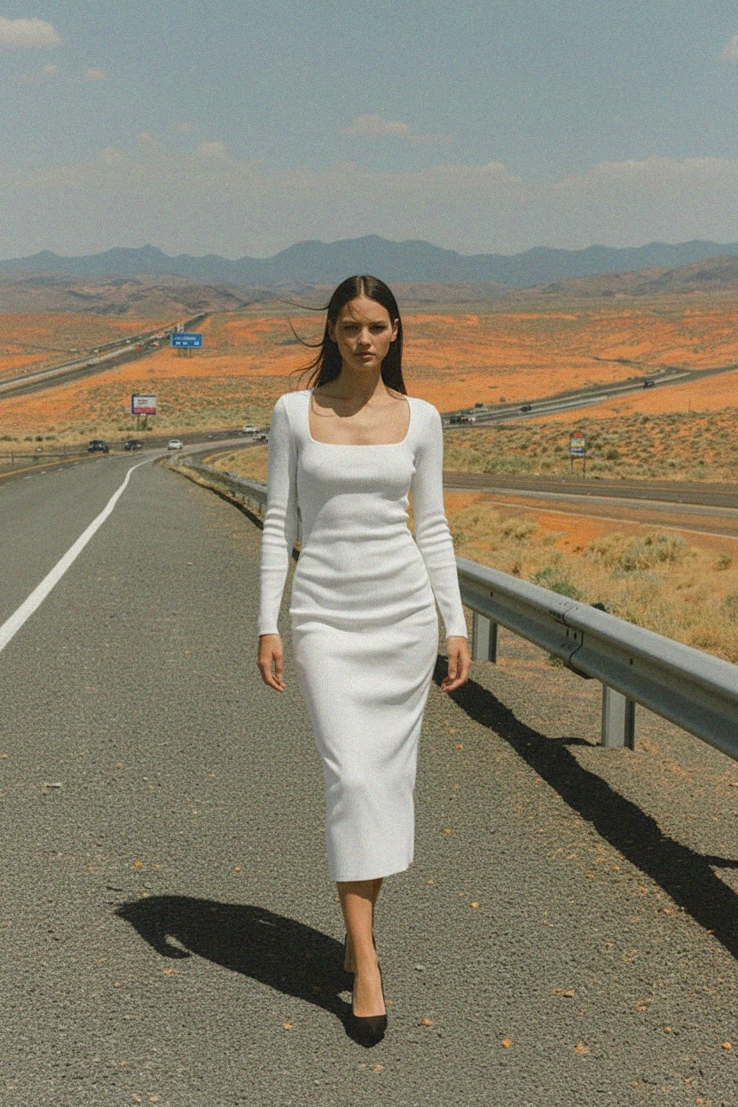 White Ribbed Long Sleeve Square Neck Midi Dress photo 3