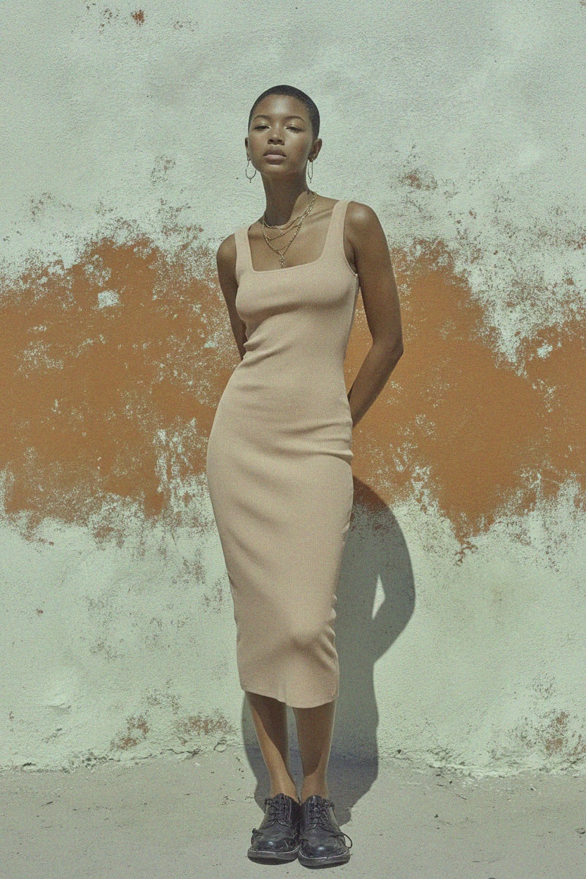 Fitted Ribbed Square Neck Midi Dress - Beige photo 3