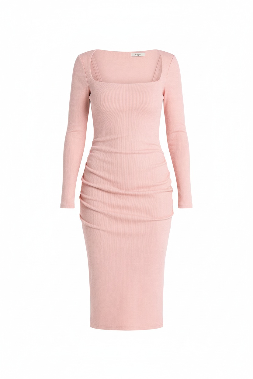 Elegant Pink Ribbed Square Neck Long Sleeve Midi Dress photo 1