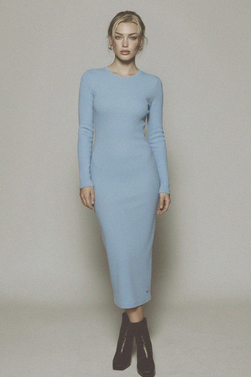 Ribbed Knit Long Sleeve Midi Dress - Light Blue photo 2