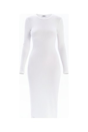 White Ribbed Long Sleeve Midi Dress