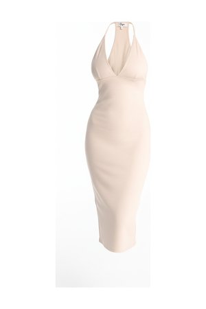 Fitted Ribbed Halter Neck Midi Dress in Beige
