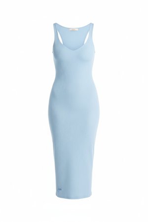 Light Blue Ribbed V-Neck Bodycon Midi Dress
