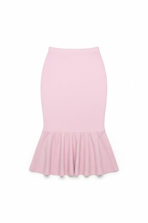 Pink Ribbed Fitted Midi Skirt with Ruffle Hem