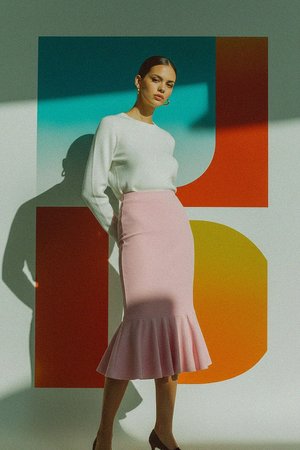 Pink Ribbed Fitted Midi Skirt with Ruffle Hem