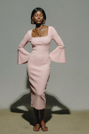 Elegant Ribbed Midi Dress with Bell Sleeves