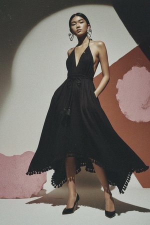 Black Halter Neck Midi Dress with Braided Waist & Tassels