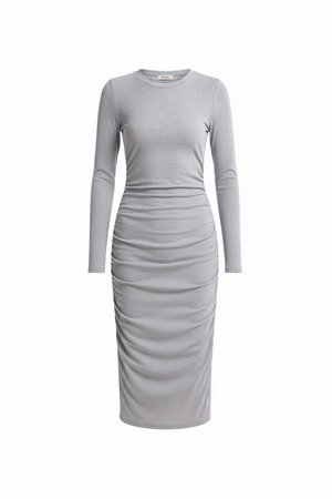 Grey Ribbed Long Sleeve Midi Dress