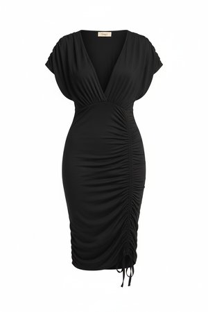 Sleek Black V-Neck Ruched Bodycon Midi Dress