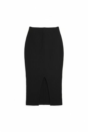 Black Ribbed Midi Skirt with Front Slit