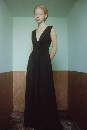 Elegant Black Maxi Dress with Plunging V-Neck