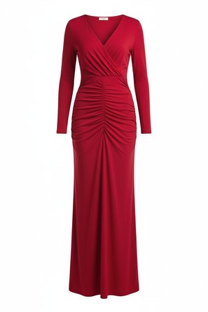 Elegant Red Ruched Long Sleeve Maxi Dress