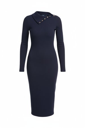 Fitted Ribbed Midi Dress with Asymmetric Button Neck