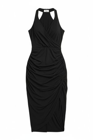 Black Halter Neck Ruched Midi Dress with High Slit