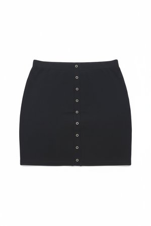 Black Ribbed Knit Mini Skirt with Snap Buttons