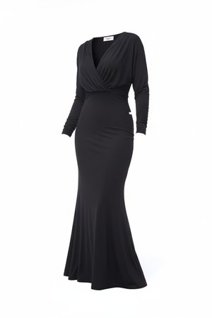 Elegant Black V-Neck Long Sleeve Maxi Dress