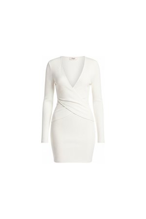 Fitted White Ribbed V-Neck Long Sleeve Mini Dress