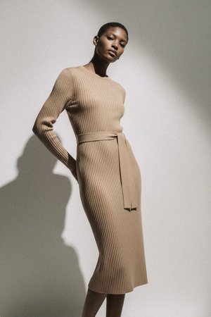 Ribbed Knit Midi Dress with Tie Waist