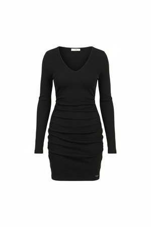 Elegant Black Ribbed Long Sleeve Mini Dress