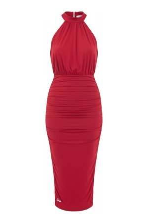 Red Halter Neck Ruched Midi Dress