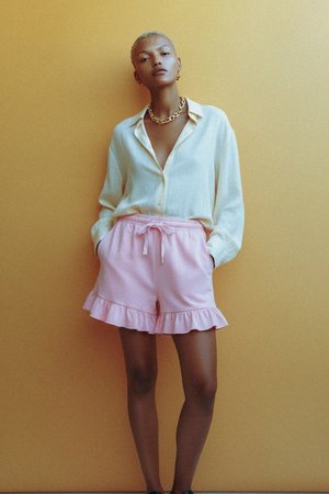 Pink Ruffled Hem Drawstring Shorts