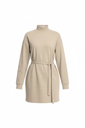 Beige Ribbed Knit Mini Dress with Tie Belt