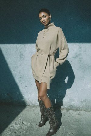 Beige Ribbed Knit Mini Dress with Tie Belt