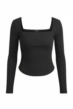 Black Ribbed Square Neck Long Sleeve Top
