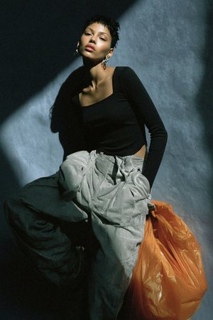 Black Ribbed Square Neck Long Sleeve Top