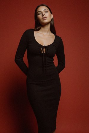 Black Long Sleeve Midi Dress with Tie Front Keyhole