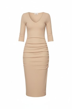 Beige Ribbed V-Neck Midi Dress