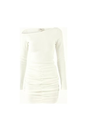 White Ribbed Ruched Off-Shoulder Mini Dress