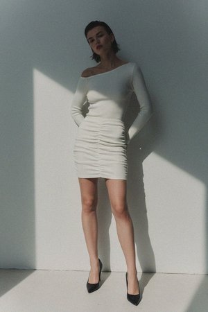 White Ribbed Ruched Off-Shoulder Mini Dress