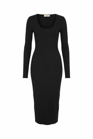 Black Ribbed Long Sleeve Scoop Neck Midi Dress