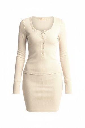 Beige Ribbed Knit Long Sleeve Mini Dress