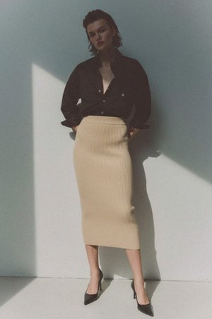 Beige Ribbed Knit Bodycon Midi Skirt