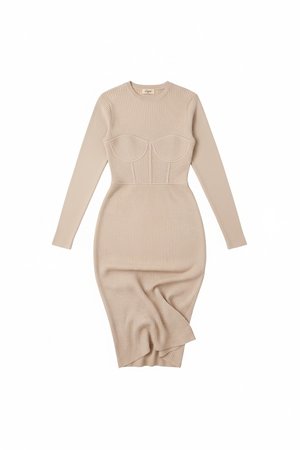 Long Sleeve Beige Ribbed Knit Midi Dress