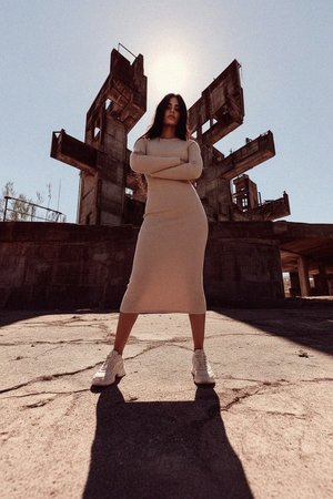 Long Sleeve Beige Ribbed Knit Midi Dress