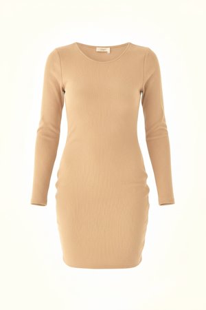 Beige Ribbed Long Sleeve Mini Dress