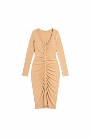 Beige Long Sleeve Ruched Bodycon Midi Dress
