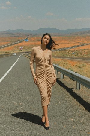 Beige Long Sleeve Ruched Bodycon Midi Dress