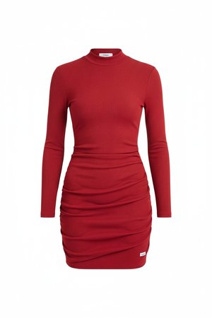 Chic Red Ribbed Long Sleeve Mini Dress